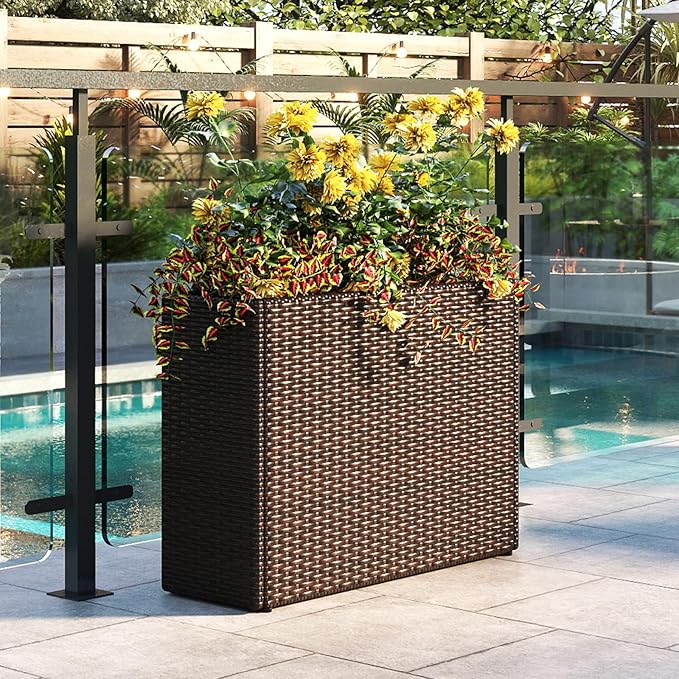 24" Tall Raised Garden Beds, 2 Pieces All-Weather PE Wicker Rattan Flowerpot with Removable Liner, Indoor Outdoor Modern Planter Rectangular Elevated Planter Box for Front Porch & Deck
