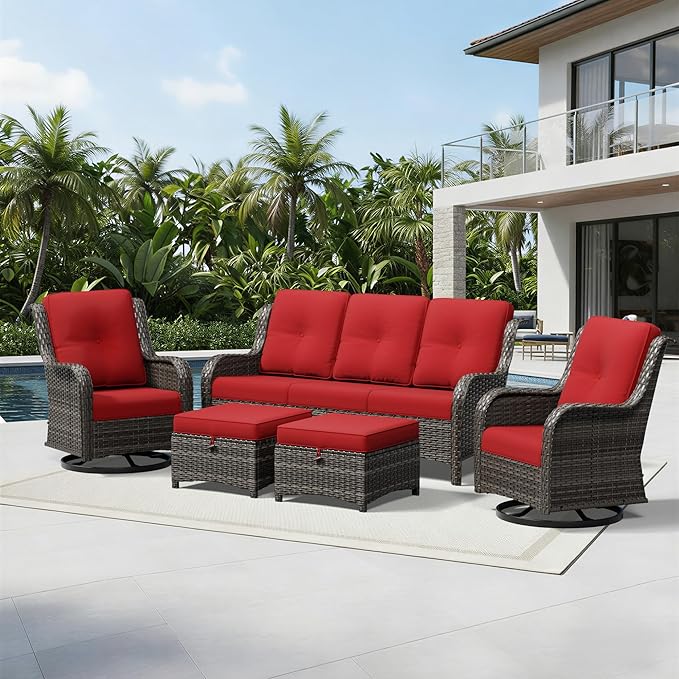 Joyside 5 Piece Wicker Patio Furniture Set, Outdoor Swivel Rocker Patio Chairs with High Back, Deep Seating, Wide Armrest, Thickened Cushions, Outdoor Furniture for Deck, Porch Use