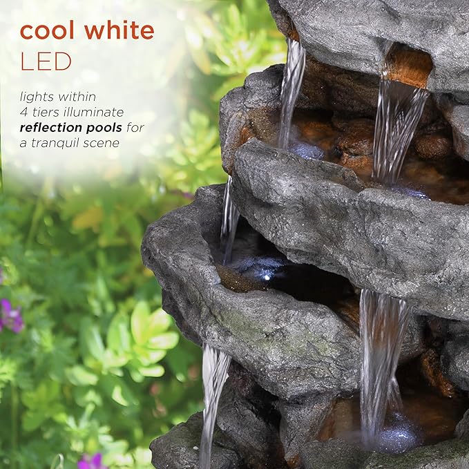 Alpine Corporation TZL284 39" Outdoor 4-Tier Cascading Stone Water Fountain with LED Lights – Natural Stone Look Water Feature for Patio, Garden, and Backyard Décor, Gray
