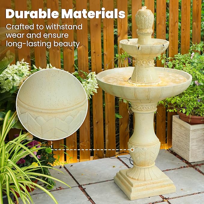 45.28H 3-Tier Outdoor Water Fountain with LED Lights Large Italian Resin Garden Fountain for Patio Yard Weather-Resistant Cascading Waterfall Feature with Quiet Pump