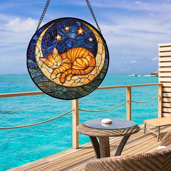 AMDERVEN Stained Glass Window Hanging - Orange Moon Sleeping Cat Sun Catcher for Door Home Decor Blue Starry Sky Suncatcher Christmas Mother's Day Birthday Gifts for Women Men Mom Nana 6.3 in