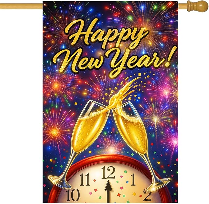 Happy New Year House Flag 28x40 Inch Champagne Glasses Fireworks and Clock Design Garden Flag Colorful Outdoor Yard Decoration Holiday Celebration Banner for Home Porch Lawn