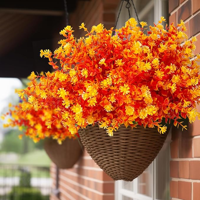 Grunyia 12 Bundles Artificial Fall Flowers No Fade Faux Autumn Plants, Fake Indoor Outdoor Greenery Decorations for Thanksgiving Christmas Wedding Party Home Garden Fireplace Décor (Fall Orange)