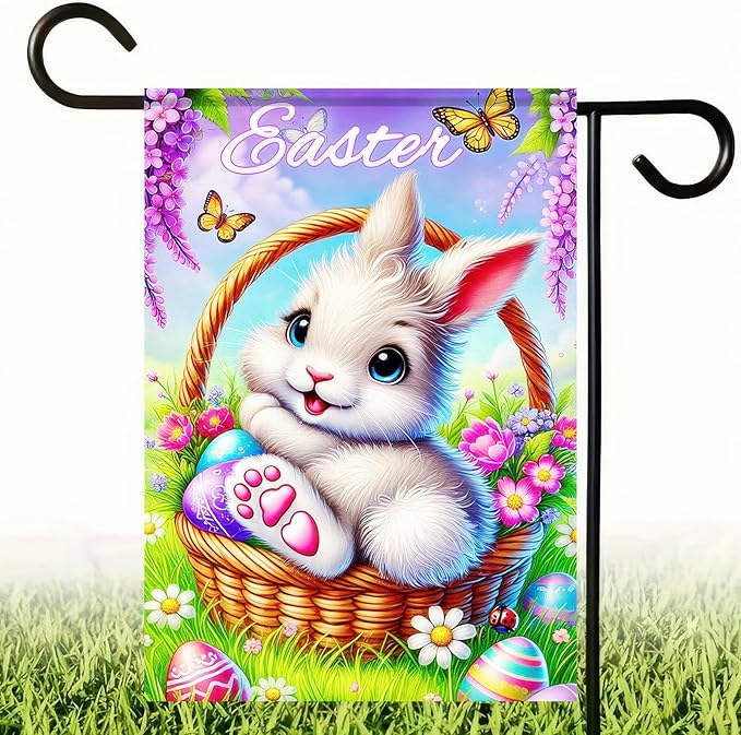 Happy Easter Bunny Garden Flag Double Sided 12 x 18 Inch Easter Egg Rabbit Easter Garden Flag Yard Flag Outdoor Flag Seasonal Decors for Spring Farmhouse Holiday Outside Decorative Banner