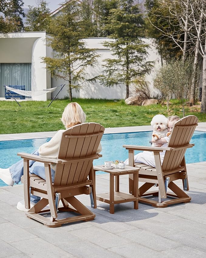 SERWALL Adirondack Swivel Glider Chair, HDPE Glider Set of 4 for Outdoor, All-Weather Glider Chair for Porch, Balcony, Wood Brown