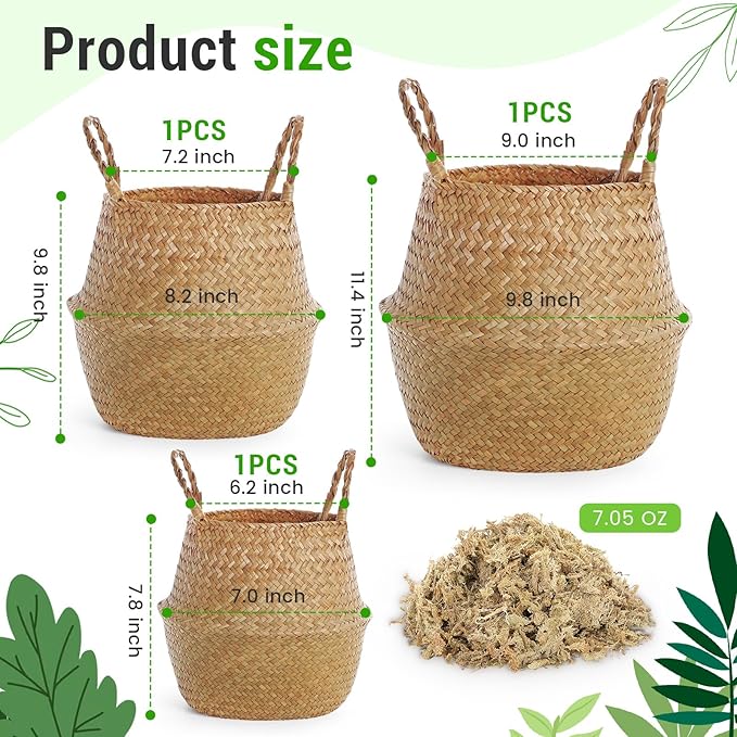 Large Wicker Plant Basket with Handle 10 Inch Woven Seagrass Belly Basket and Artificial Moss for House Plants Picnic Grocery Laundry Storage Home Decor(Small, Medium, Large,Original,3 Pack)