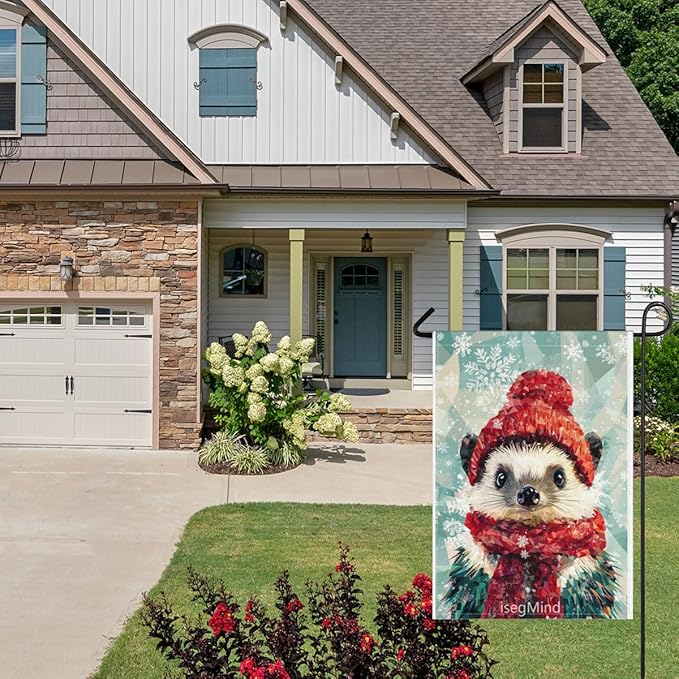 Hedgehog with Red Scarf and Hat Snowflake Christmas Garden Flag, 28x40 Inch Double Sided Linen Holiday Red Winter Farmhouse Yard Outdoor Decoration (4341)