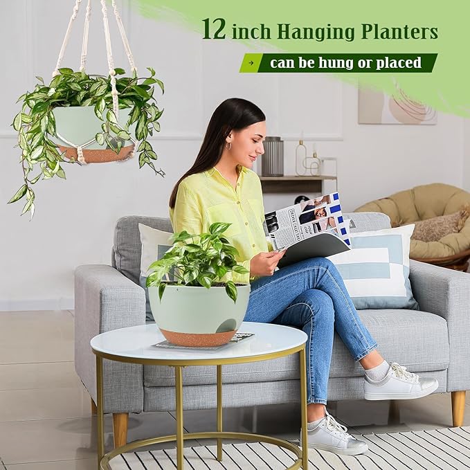 Lucieblessdesign Hanging Planters for Outdoor Indoor Plants, 2 Pack 12 Inch Hanging Basket Plants Outdoor, Self Watering Hanging Planter with Plant Hanger for Garden Home Decoration (Green)