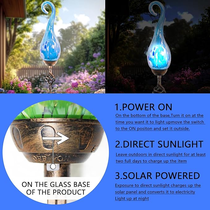 Naboher Garden Solar Lights Outdoor, Decorative LED Pearlized Glass Spiral Garden Stake with Finial, Hand Blown Glass and Metal Outdoor Decoration, 3 x 36 Inch (Light Blue)