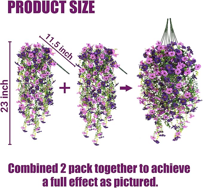 Artificial Fake Hanging Flowers Plants for Outdoor Outside Spring Summer Decoration 2PCS Faux Silk UV Resistant Realistic Mums Daisy with Eucalyptus for Home Porch Patio Balcony(Purple & Magenta)