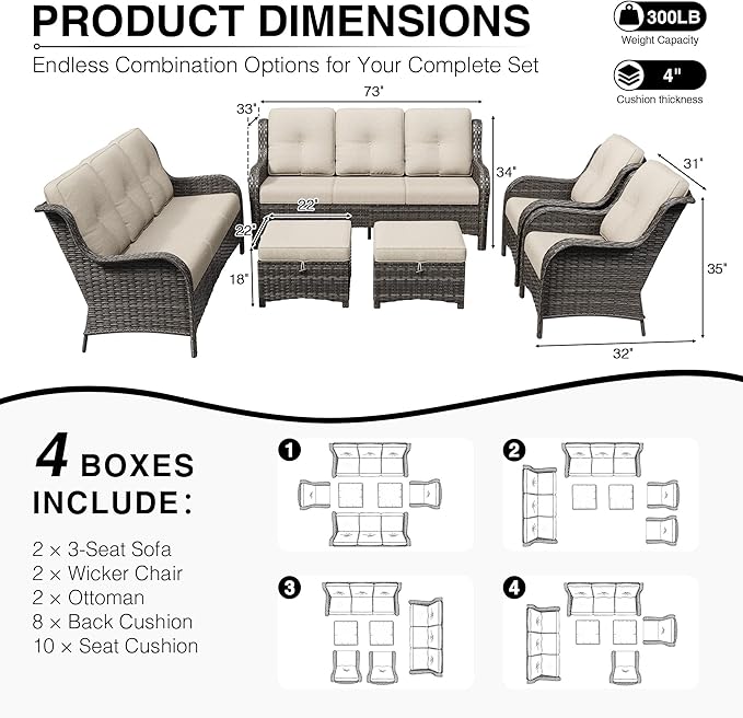 Joyside 6 Piece Wicker Patio Furniture Set, Rattan Patio Chairs with High Back, Deep Seating, Wide Armrest, Thickened Cushions, Outdoor Furniture for Deck, Porch Use