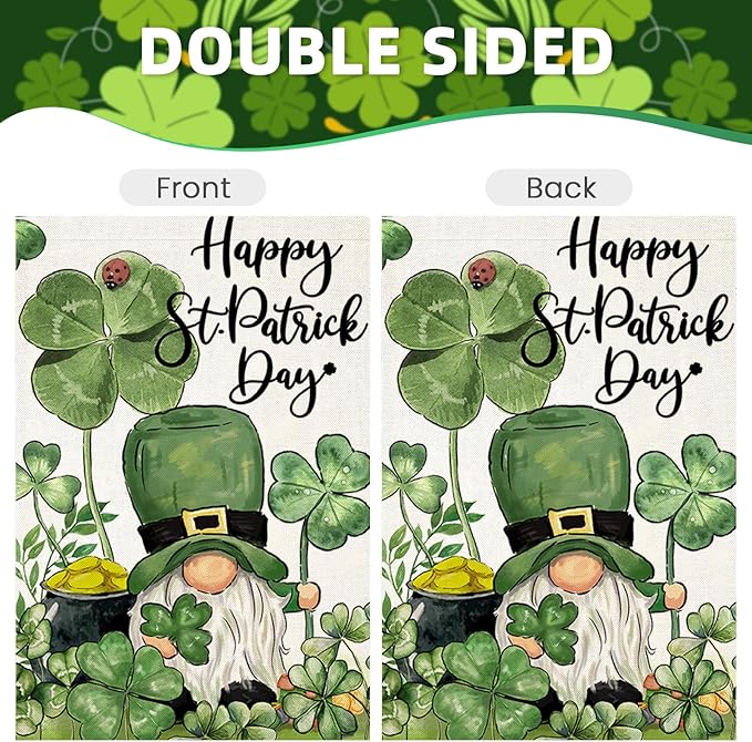 Happy St Patricks Day House Flags for Outdoor Decoration, Irish Gnome with Shamrocks Large Yard Flag,Seasonal Decorative Decor for Holiday Irish Anniversary Celebration Outside 28x40 Inch Double Sided