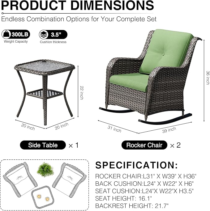 Joyside 3 Piece Wicker Patio Furniture Set, Outdoor Rocking Chair with High Back, Deep Seating, Wide Armrest, Thickened Cushions, Outdoor Rattan Furniture for Deck, Porch Use