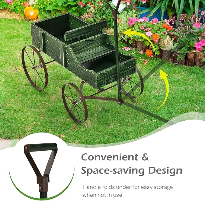 Giantex Small Wagon Planters for Outdoor Plants, Decorative Garden Bed with Metal Wheels, Wood Raised Beds Plant Pot Stand for Backyard Garden Patio 24.5"x13.5"x24" (Green)