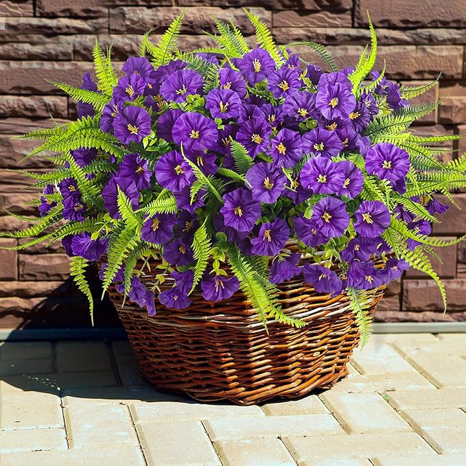 HIAGROW Artificial Flowers Outdoors 12 Bundles Artificial Petunias Fake Flowers UV Resistant Shrubs Plants with Fern for Indoor Outside Hanging Planters Home Garden Summer Decorations (Purple)