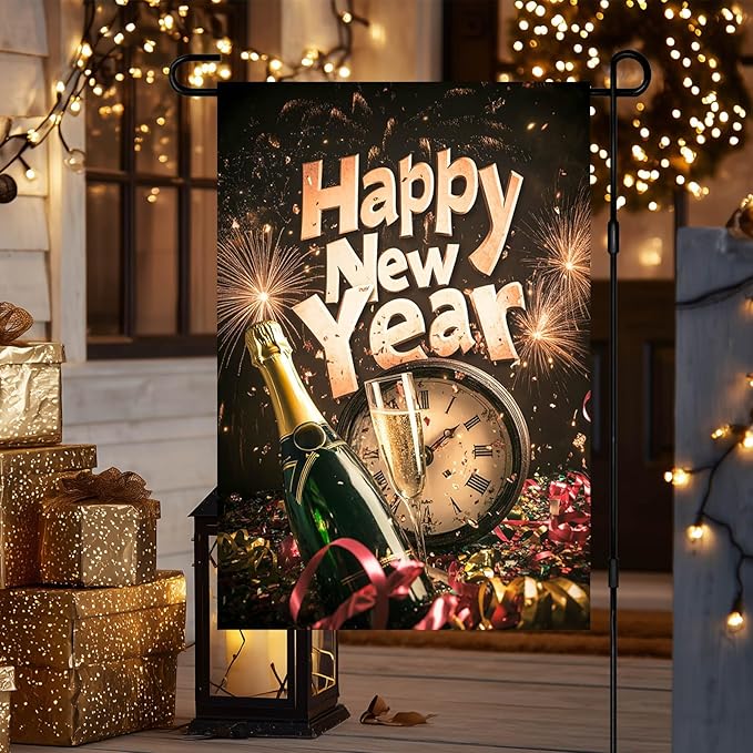 Happy New Year Garden Flag 12x18 Inch Countdown Clock Winter Holiday Yard Decor Seasonal Banner Outdoor Champagne Celebration Lawn Sign Double Sided Polyester For Girls or boys gifts