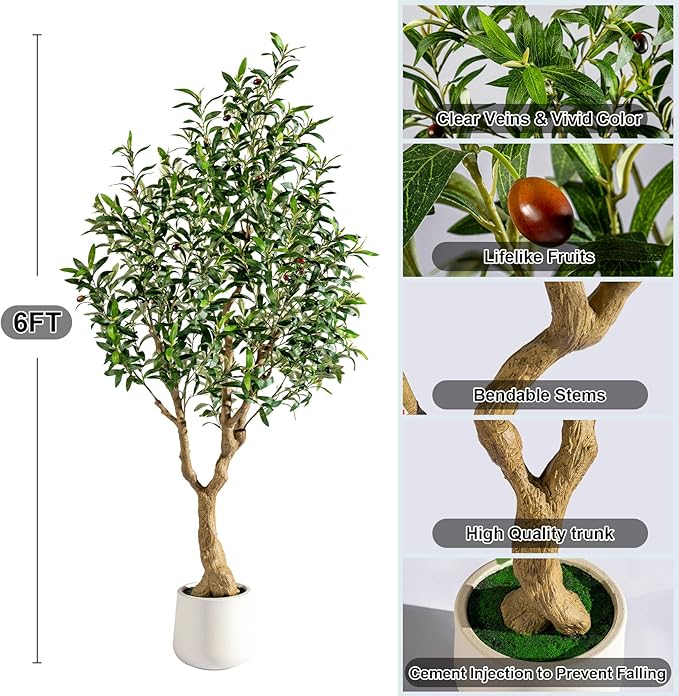 Erimda 6FT Faux Olive Tree with Tall Exquisite Planter Artificial Olive Tree Tall, Potted Fake Olive Plant with 1260 Real Touch Leaves, Indoor Outdoor Home Garden Office Decor