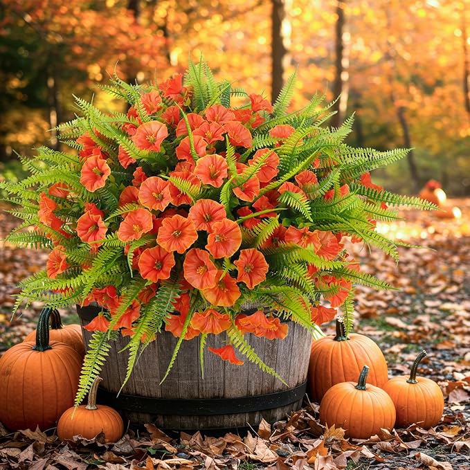 HIAGROW Artificial Fall Flowers for Outdoors 12 Bundles Fake Mums Petunias Flowers UV Resistant Shrubs Plants with Fern for Indoor Outside Hanging Planters Home Garden Autumn Thanksgiving Decorations