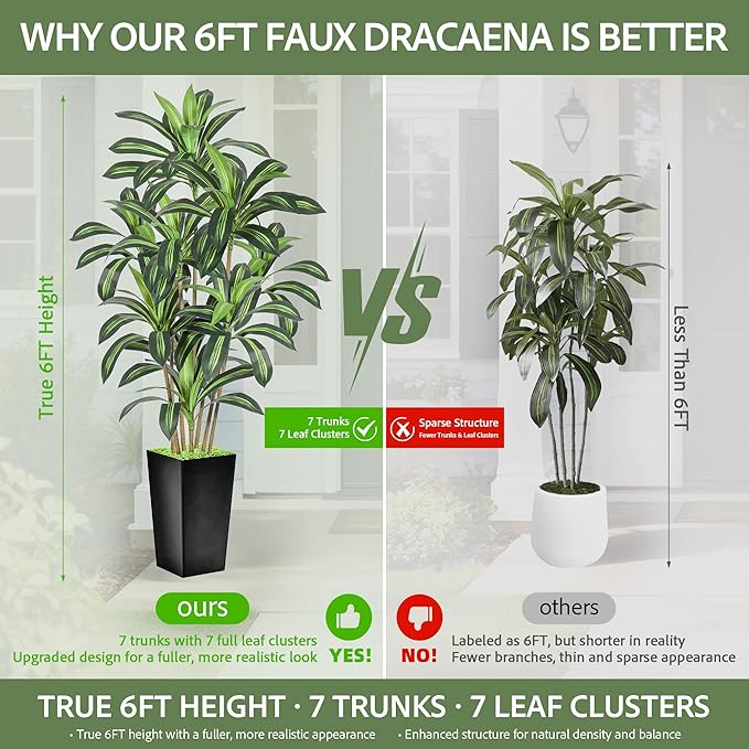 Realistic Artificial Indoor Plant Tree - Tall Fake Dracaena Potted Plant for Home Office Decor, Living Room & Bedroom - Lifelike Faux Plant Tree with Pot-Palm Tree (Black, 6FT)