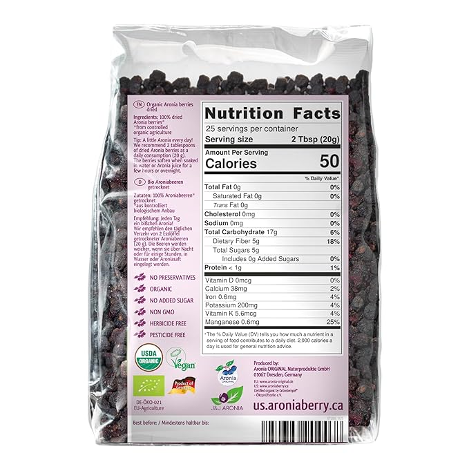 Aronia ORIGINAL Organic Dried Aronia Berries 17.6 oz (6-Pack) | Gently Dried Immediately After Harvest | No Added Sugar, No Sulfites, No Additives | Vegan, Non-GMO Aronia Berry (Black Chokeberry)