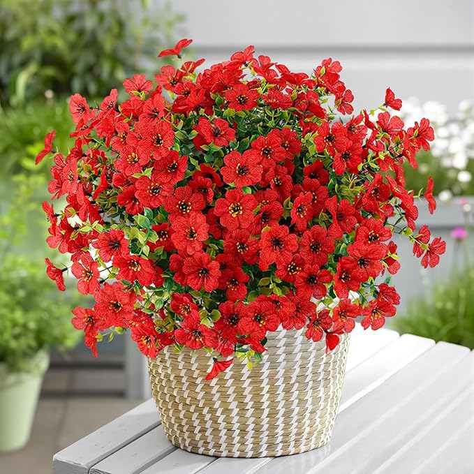 ATTGREAT Artificial Flowers Outdoor Faux Plants UV Resistant Fake Patio Flowers Plastic Greenery Plnats Outside Bulk for Spring Garden Hanging Planter Home Vase Decor, 12 Bundles (Red)