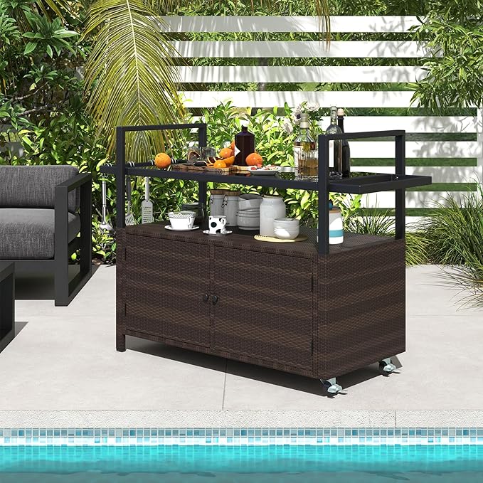 Tangkula Outdoor Bar Cart, Patiojoy Rolling Wicker Buffet Serving Cart with Tempered Glass Top, Storage Cabinet & 8 Hooks, Kitchen Island Cart on Wheels for Porch Backyard Garden Poolside (Mix Brown)