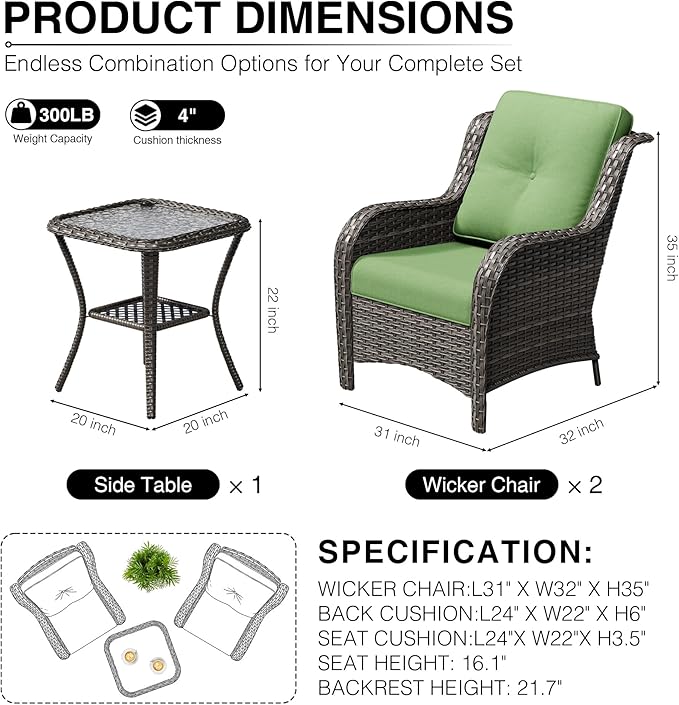 Joyside 3 Piece Wicker Patio Furniture Set, Rattan Patio Chairs with High Back, Deep Seating, Wide Armrest, Thickened Cushions, Outdoor Furniture for Deck, Porch Use