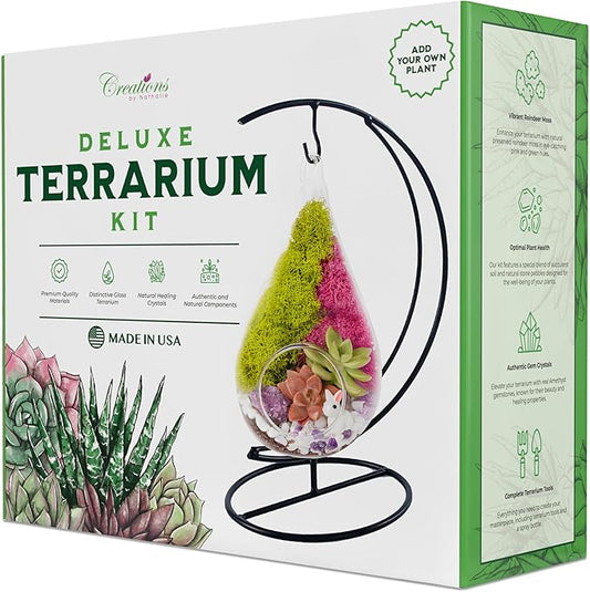 Creations by Nathalie 7" DIY Teardrop Terrarium Kit with Live Plants - Hanging Glass Planter with Stand for Adults & Kids - Build a Mini Ecosystem with Moss, Crystals, Tools - Made in The USA