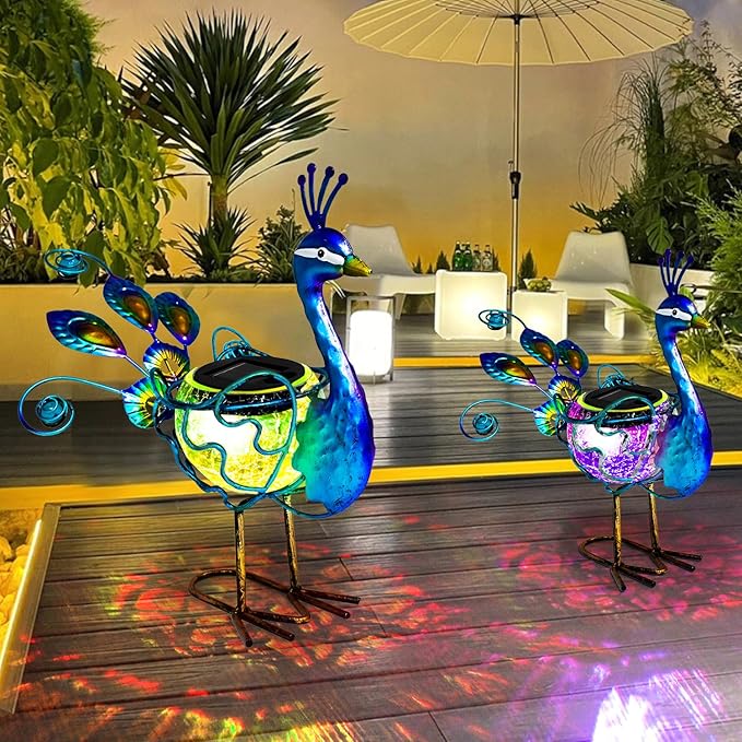 HONGLAND Solar Peacock Statue Light, Solar Animal LED Lights Outdoor, Solar Power Figurine Waterproof Metal Peacock Yard Art for Pathway Patio Backyard Decoration Lawn Ornaments, Peacock Blue