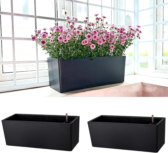 LaLaGreen Planter Box for Indoor Plants (14 Inch, 2 Pack) Black Rectangular Self Watering Flower Pot, Window Boxes Planters with Drainage Decorative Modern Balcony Windowsill Herb Home Garden Kitchen