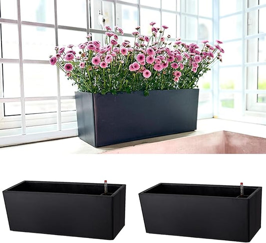 LaLaGreen Planter Box for Indoor Plants (14 Inch, 2 Pack) Black Rectangular Self Watering Flower Pot, Window Boxes Planters with Drainage Decorative Modern Balcony Windowsill Herb Home Garden Kitchen