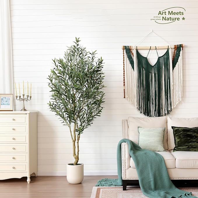 VeriNatural Artificial Olive Tree 7FT Tall, Faux Plants Indoor - Fake Plant with Lifelike Leaves,White Planter - Large Fake Olive Trees for Home Living Room Office Bedroom Floor Decor