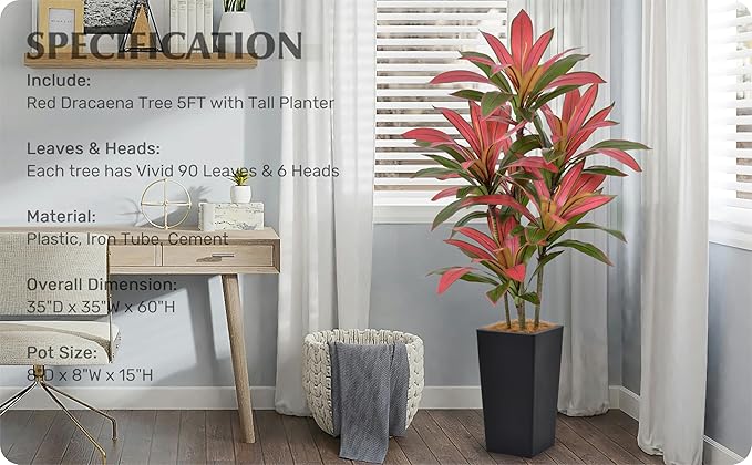 Roselywed Artificial Red Dracaena Tree 5FT with 90 Leaves & 6 Heads & Gray Tall Planter Cover with Coconut Fiber Tall Faux Tropical Silk Bicolor Plant 60 Inch for Indoor Home Office Porch Mall Decor
