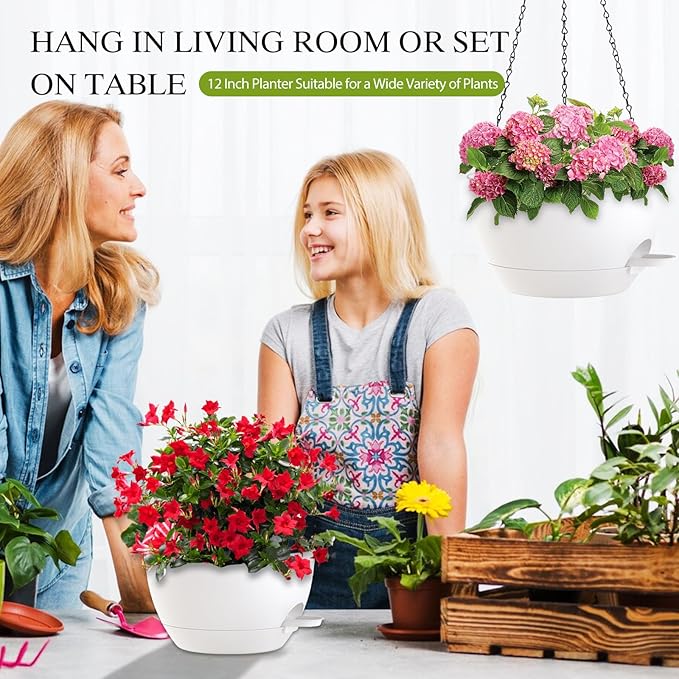 SQKH 12 Inch Hanging Baskets 2 PC with Chains, Self-Watering Hanging Planters for Indoor Outdoor Plants, Plastic Hanging Flower Pots,White