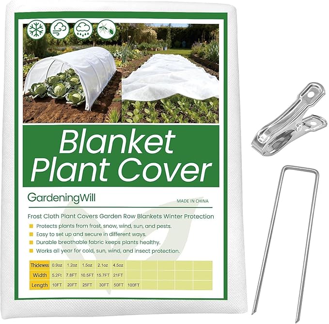 10.5Ft x 50ft Frost Protection Plant Cover – 1.2 oz/yd² Garden Freeze Blanket with Clips & Ground Stakes for Outdoor Winter Plant Protection, Reusable Floating Row Cover for Garden Vegetables