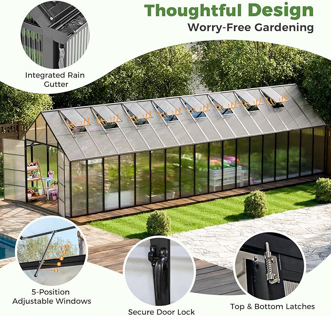 10*36 FT Large Greenhouses for Outdoors Heavy Duty, Aluminum-Framed Polycarbonate Greenhouse with Quick Setup Structure and 7 Vent, Walk-in Greenhouse kit for Garden & Backyard