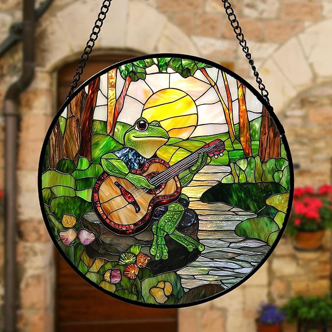 DASTOLL Stained Glass Window Hanging, Frog Playing Guitar Suncatcher Diamond Glass Panel Funny Sun Catchers Decor for Birthday for Women, Men, Wife, Aunt, and Mom 9.8 in