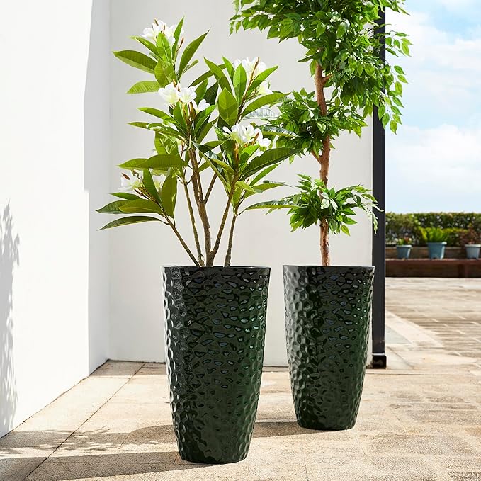 Glitzhome 23.75" H Oversized Tall Planter, Large Planters for Outdoor Plants, Set of 2 Honeycomb Textured Gradient Green Tall Planters with Drainage Holes, Modern Flower Pots for Porch Indoor Garden