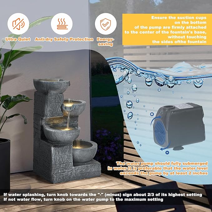 MAGIC UNION Outdoor Water Fountain, 4 Tiers Cascading Bowls Waterfall Indoor Fountain Garden Decor w/LED Lights, Outside Patio Resin Stacked Stones Fountains for Yard, Deck and Porch (Light Gray)