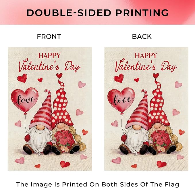 pretty_jessie Valentines Day Garden Flag 12x18 Inch Double Sided, Happy Valentine's Day Love Hearts Gnomes Burlap Yard Flag Anniversary Patio, Porch, Backyard Outdoor Decorations