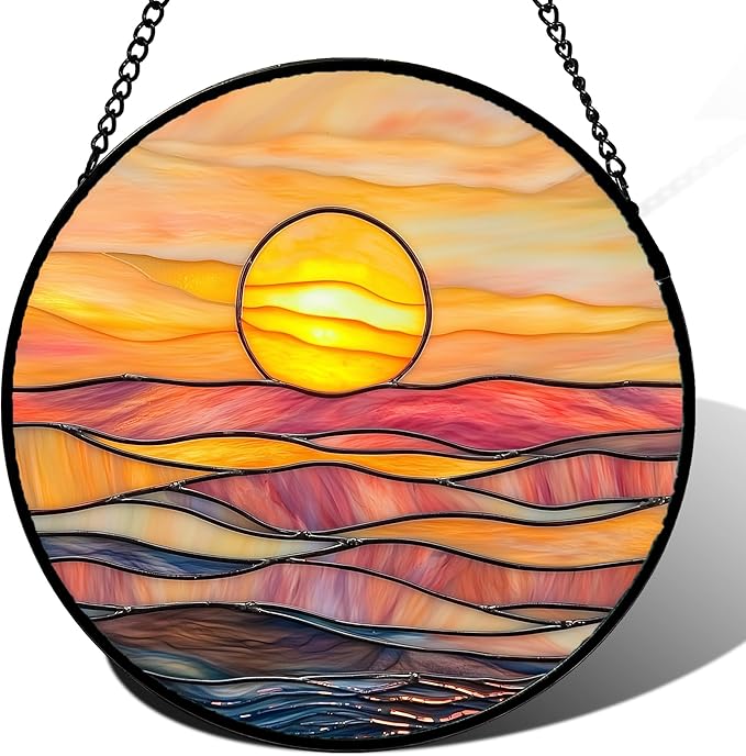 HWRHTR Stained Glass Window Hanging, Orange Sunrise Suncatcher Diamond Glass Panel Hangings Scenery Sun Catchers Decor for Birthday for Women, Men, Wife, Aunt, and Mom 6.3x6.3 in