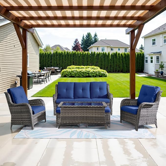 Belord Patio Wicker Sofa Set 6 Pieces Patio Furniture Set Outdoor Couch, 2 Patio Wicker Chairs with 1 Sofa, Coffee Table and Ottomans, Patio Conversation Set for Porch Garden Deck Balcony Poolside