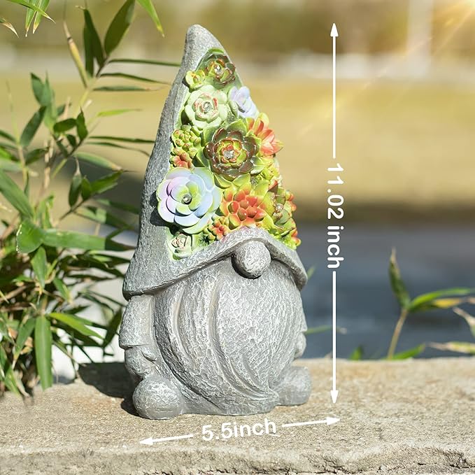 Solar Garden Statues Gnomes Figurine with Succulent and LED Lights - Garden Gnome Statues Decorations for Yard, Outside, Patio, Balcony - Gardening Housewarming Birthday Gifts