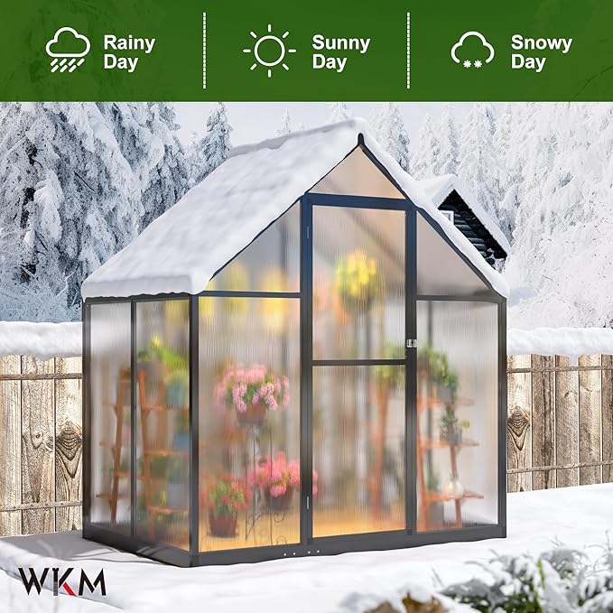 WKM 4x6 FT Greenhouse for Outdoors, Quick-fit Structure Polycarbonate Green House with Window for Ventilation, Walk-in Aluminum Greenhouse for Outsides Garden Backyard, Black