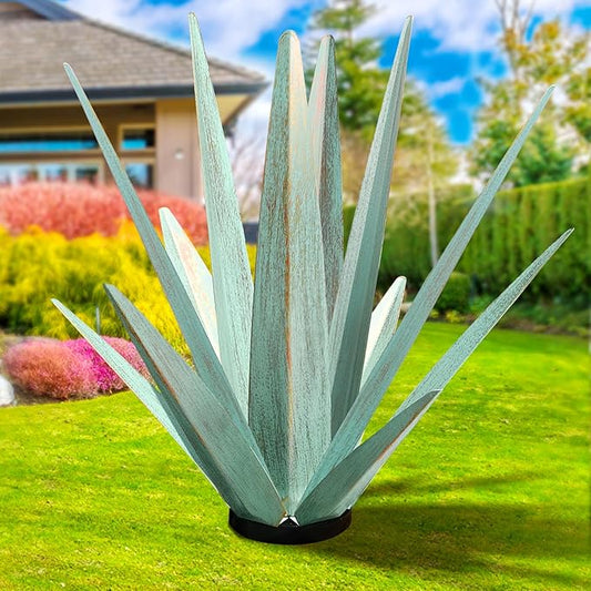 KODIBO Large Tequila Rustic Sculpture, Rustic Metal Agave Plants for Outdoor Patio Yard, Home Decor Hand Painted Metal Agave Garden Yard Statue, Outdoor Lawn Ornaments (Mint Green - L)