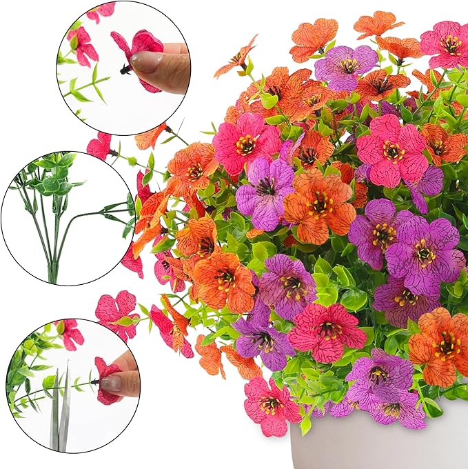 ATTGREAT Artificial Spring Flowers for Outdoors Faux Plants UV Resistant Realistic Fake Flowers Outside for Garden Planter Porch Home Decor, 6 Bundles (Multicolor)