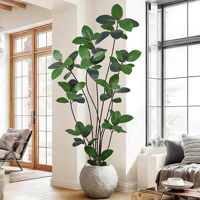 Artificial Green Rubber Tree 7FT with 68 Glossy Leaves & 10 Heads & Black Pot Lifelike Tall Large Faux Tropical Ficus Elastica Plant 84 Inch for Indoor Home Office Store Corner Modern Decor