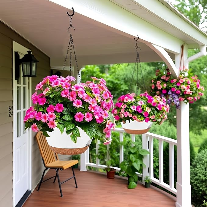 zople 2 Pack 12 Inch Large Hanging Planters with Chains Self Watering White Brown Plastic Hanging Pots for Indoor Outdoor Plants, Garden Porch Home Decor，White Brown