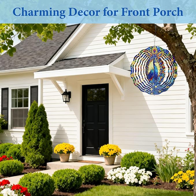 Peacock Wind Spinners Outdoor, Peacock Gifts for Women Wife Mom Grandma, Hanging Wind Spinners for Christmas Thanksgiving, 12 inch Outdoor Indoor Hanging Ornament for Garden Porch Backyard