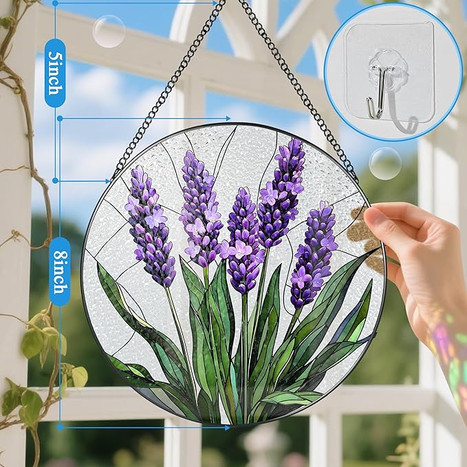 Stained Glass Window Hanging, 8 Inch Lavender Stained Glass Suncatcher, Flower Sun Catcher, Window Hanging Decor, Flower Lovers Gift for Her, Housewarming Gift, Gifts for Lover, Bestie and Couple
